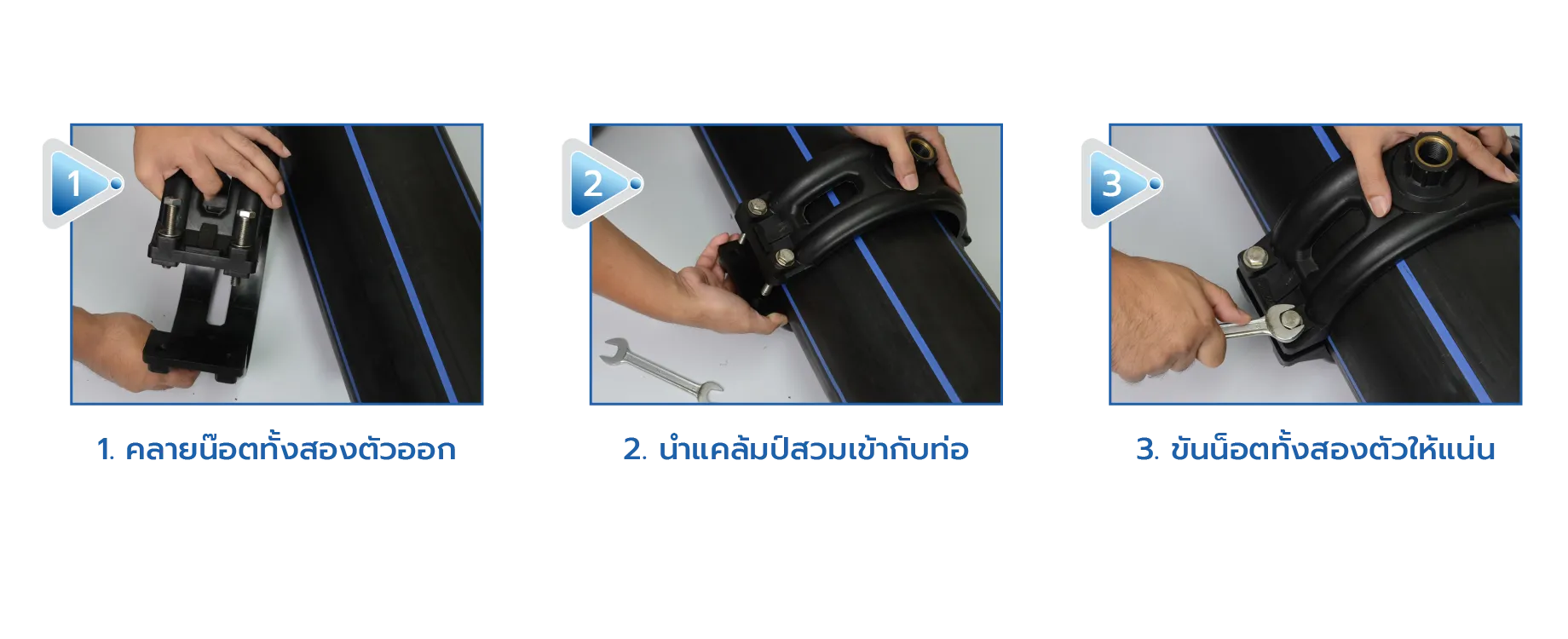 วิธีการใช้งานแคล้มป์รัดท่อแยกสำหรับท่อ HDPE และ PVC